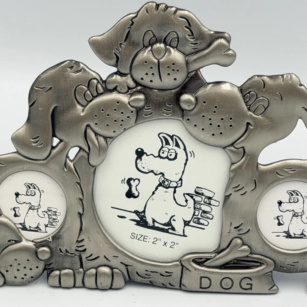 Dog Picture Frame Collage Pewter Tone‎ Cartoon Puppies Bone Bowl Multi Photo
